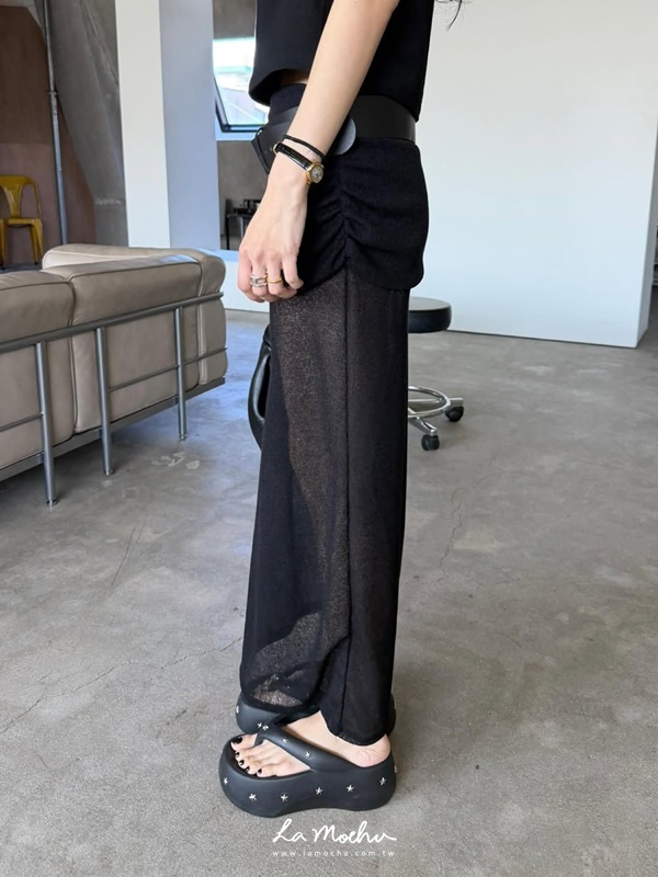 拼接透膚坑條棉長裙